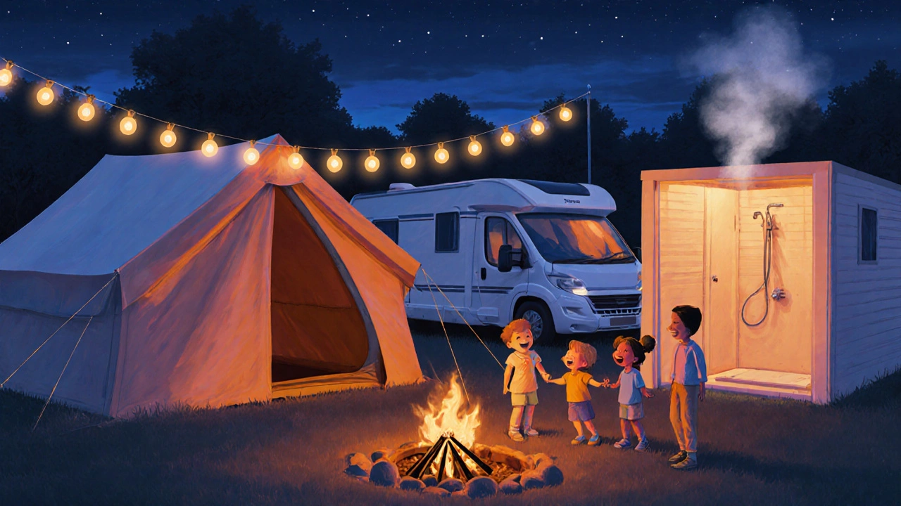 A crowded campsite with tents, motorhomes, and a shared shower block at twilight.