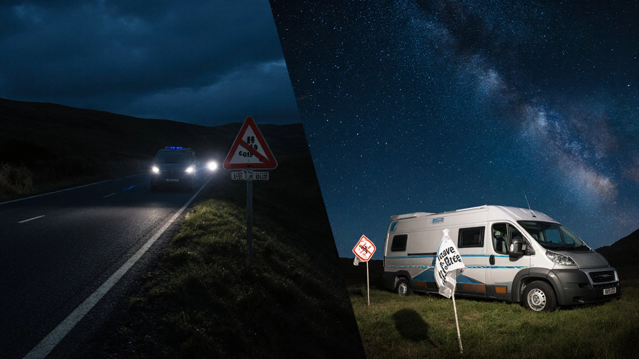 A van illegally parked on an English roadside versus the same van legally camping in Scotland under stars.