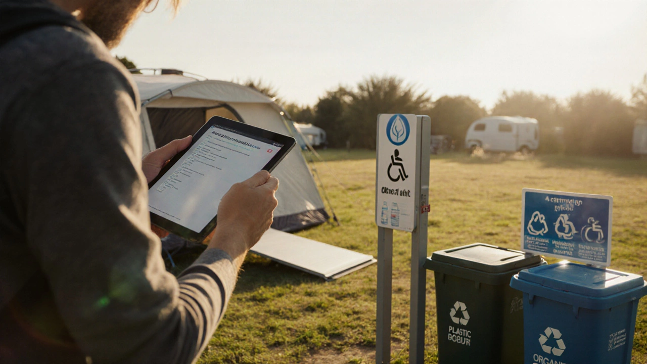 Camper reviewing checklist near accessible pitch with recycling station and water refill.