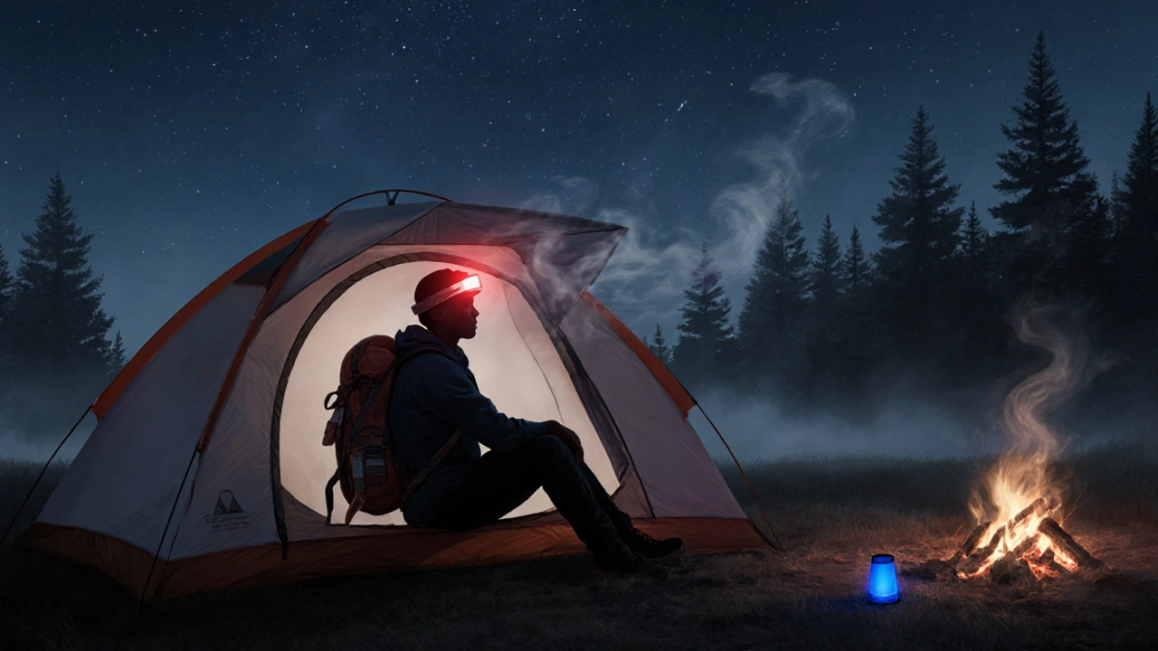 Campers inside a tent at night with safety gear visible.