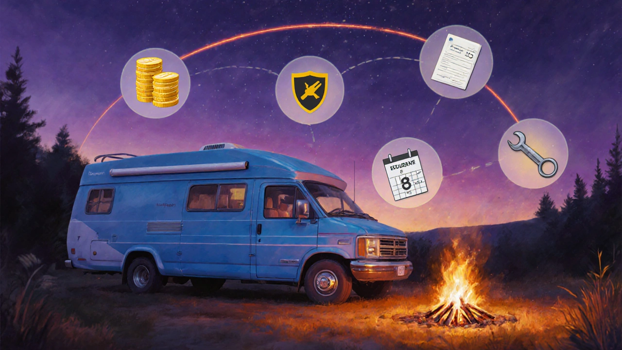 Campfire scene with a Class B motorhome and floating symbols for rental costs.