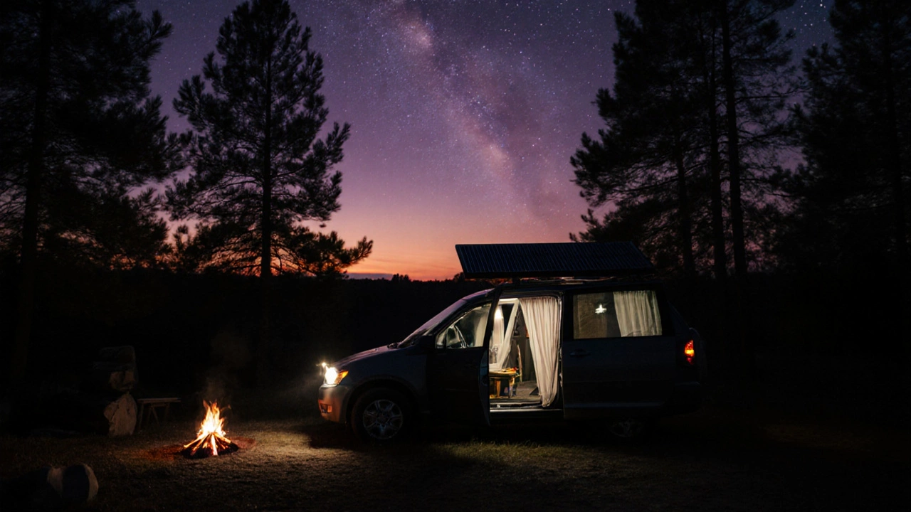 Car parked at a state park campsite under a starry sky.
