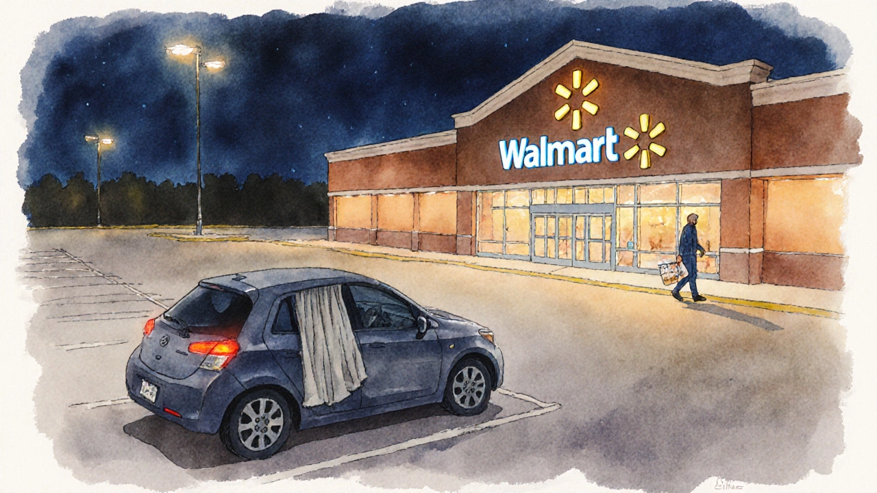 Car quietly sleeping in a well‑lit Walmart parking lot at night.