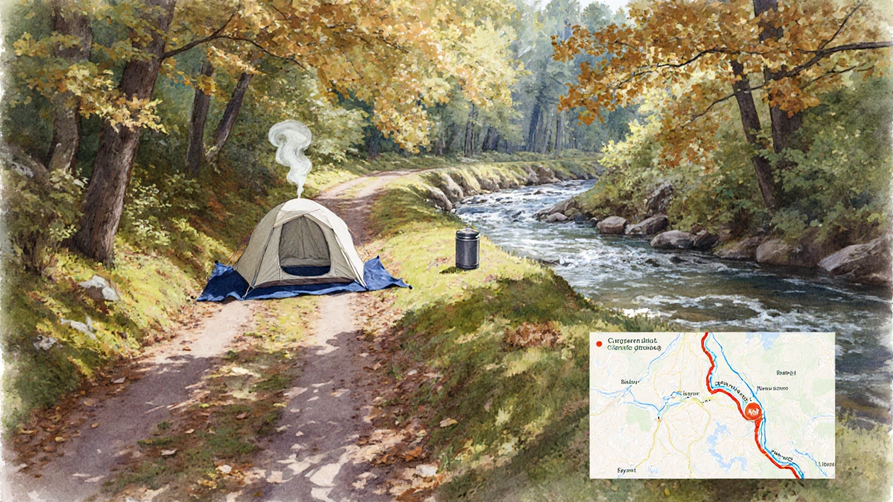 Cleared campsite far from a creek in Mackinaw State Forest with tent and stove.