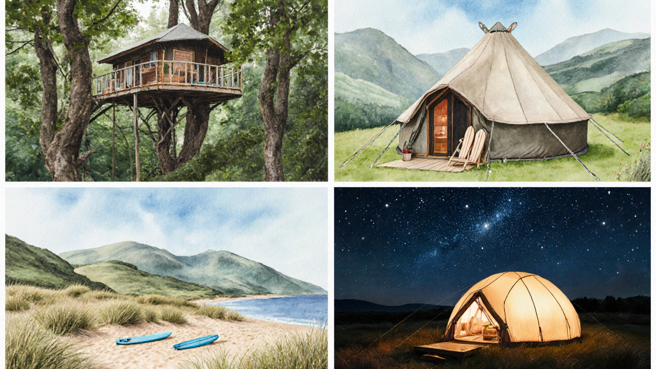 Collage of treehouse, yurt, safari tent, and dome glamping sites in UK settings