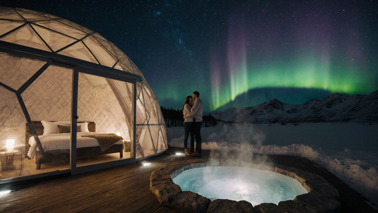 Couple in hot tub on a glass‑igloo deck under the aurora borealis.