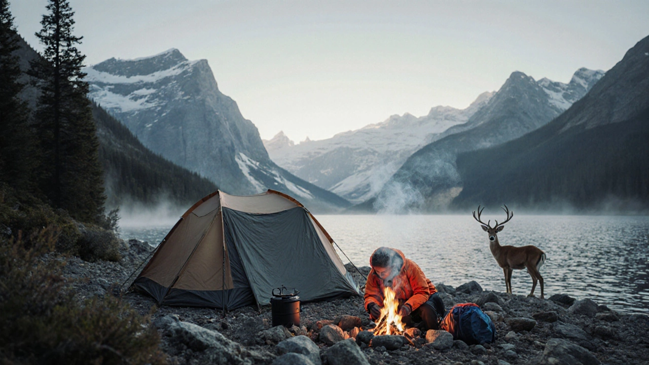 Dawn scene of a solitary wild campsite by a lake with a lone hiker and misty mountains.