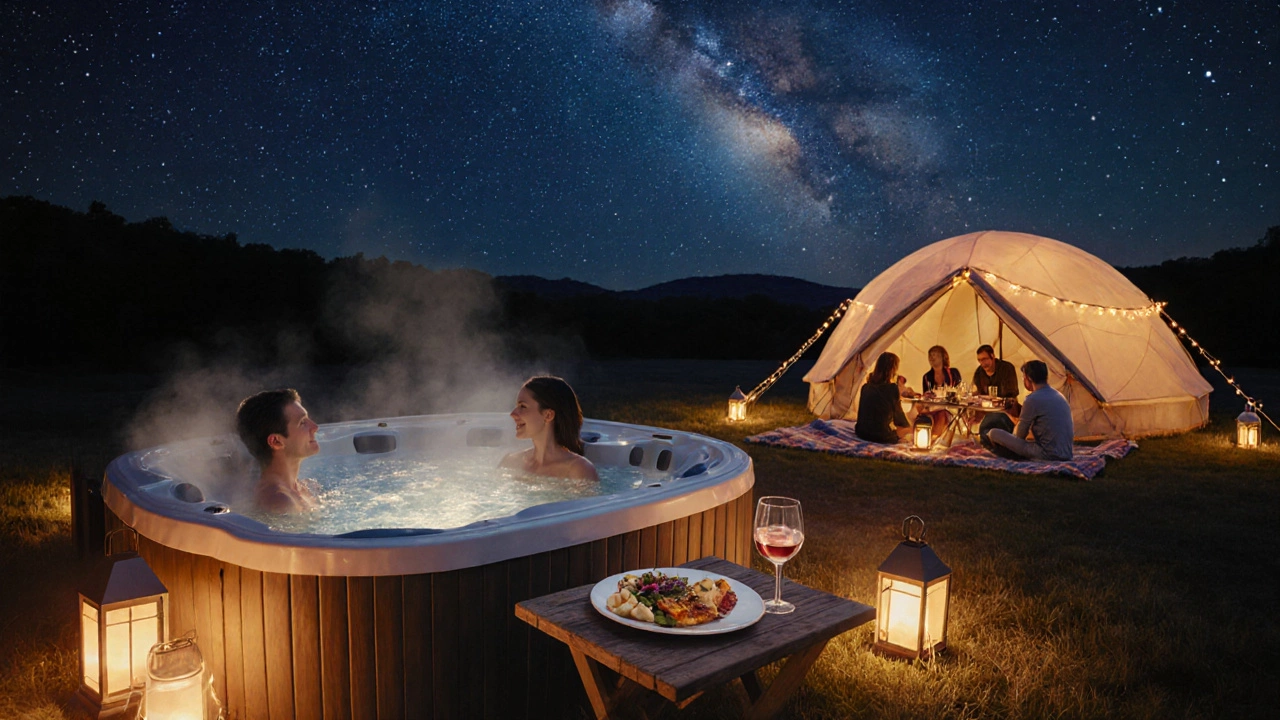 Evening scene of jacuzzi, gourmet dinner, and stargazing at a glamping site