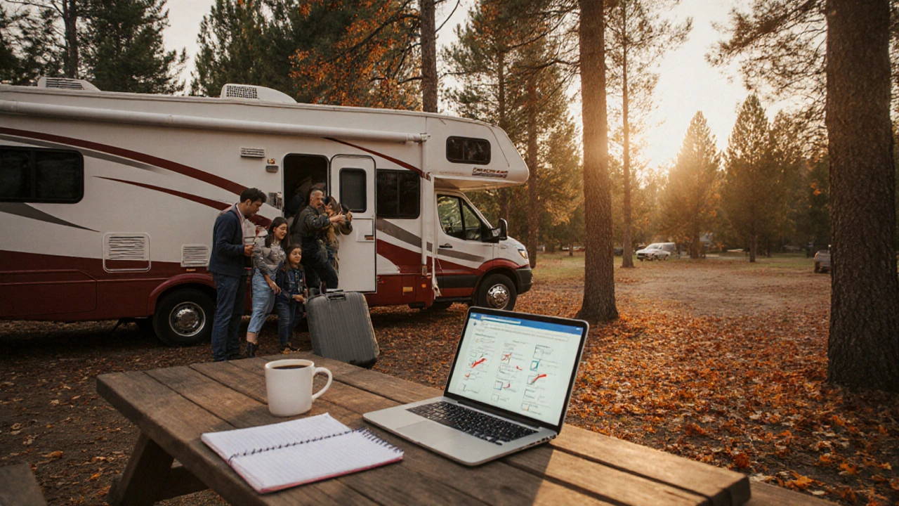Family loading a Class C motorhome at a forest campsite during golden hour.