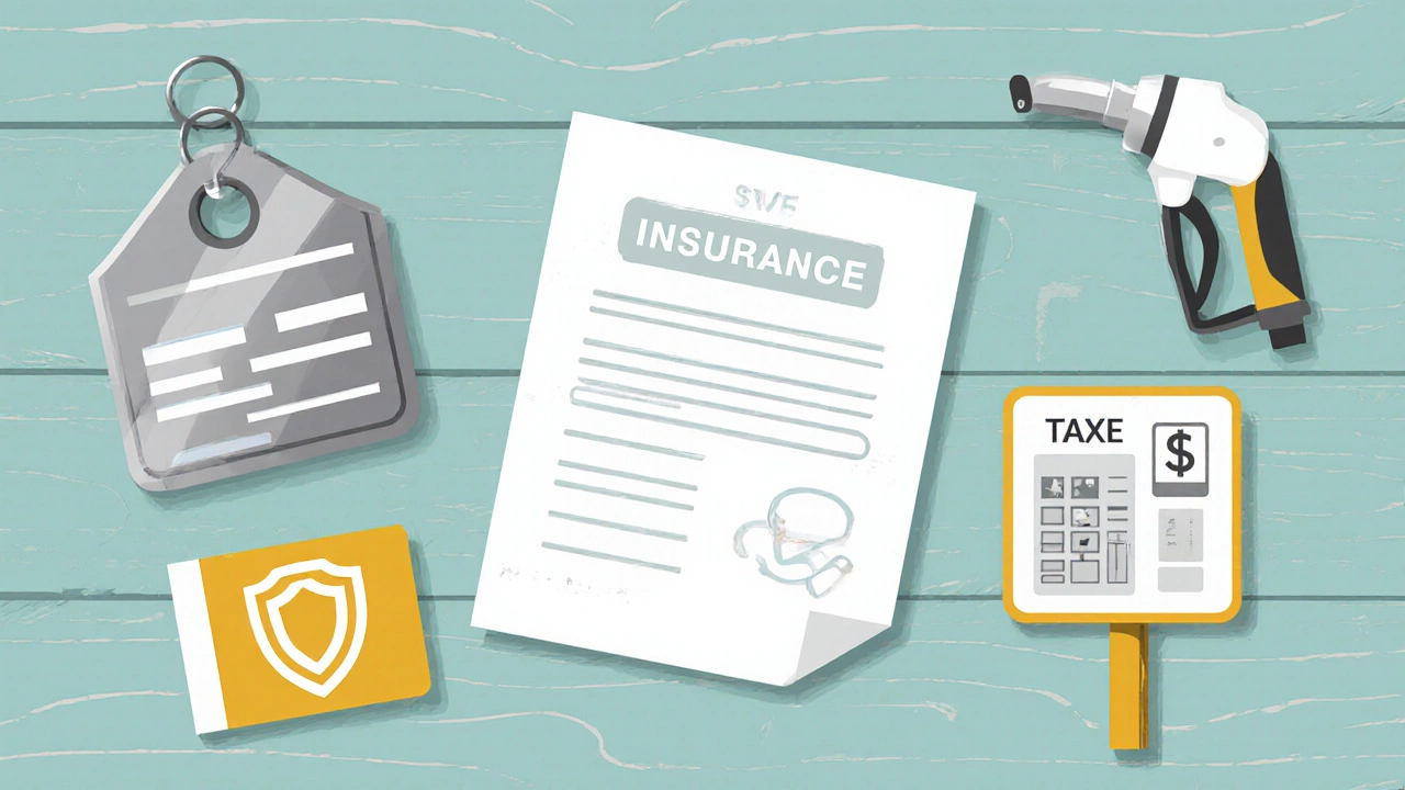 Flat‑lay illustration of registration tag, insurance card, fuel pump nozzle, tax form, and campground sign.