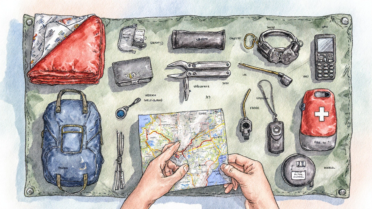 Flat lay of essential solo‑camping gear on a canvas.