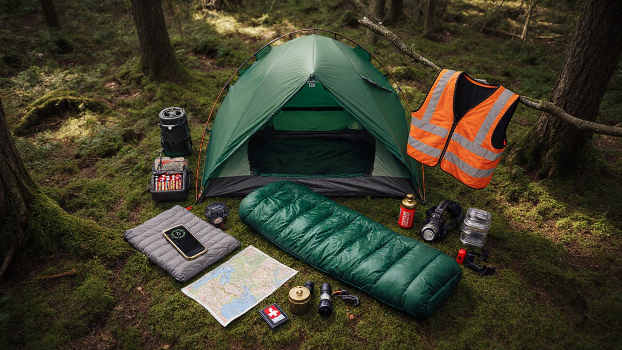 Flat‑lay of essential wild‑camping gear on a forest floor.