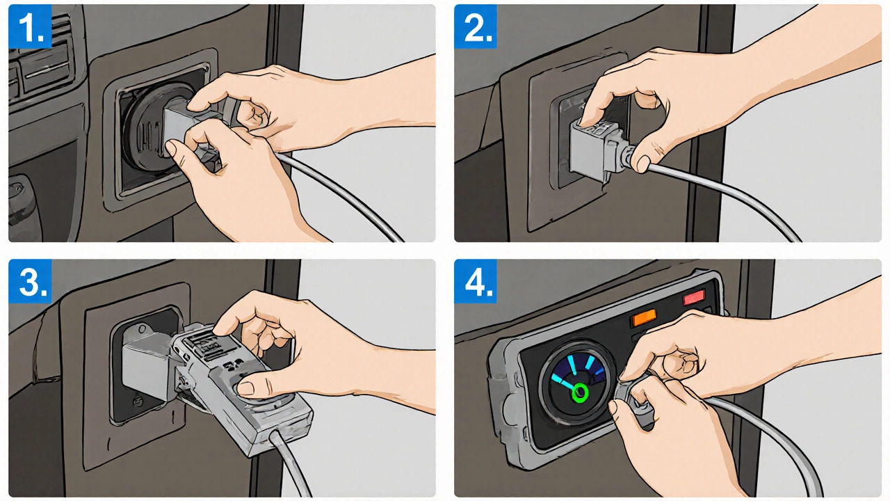 Illustrated steps showing appliances off, cable plugged into vehicle and pedestal, GFCI inserted, and power panel displaying green.