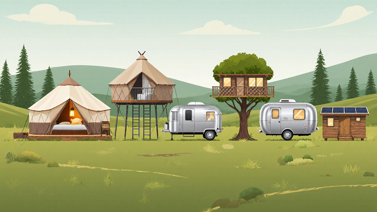 Illustration of yurt, safari tent, treehouse, Airstream pod, and eco‑lodge in a scenic collage.