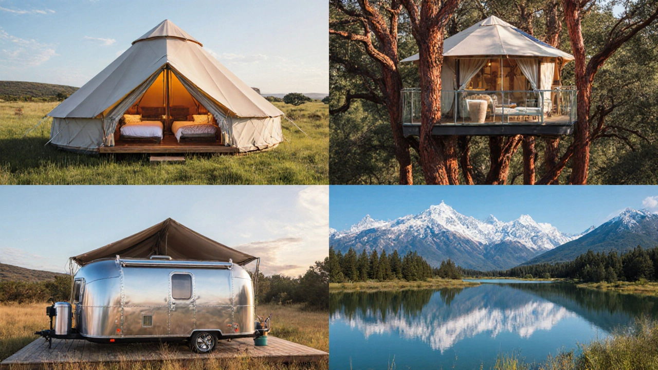 Illustration of yurt, safari tent, treehouse cabin, and Airstream in diverse landscapes.