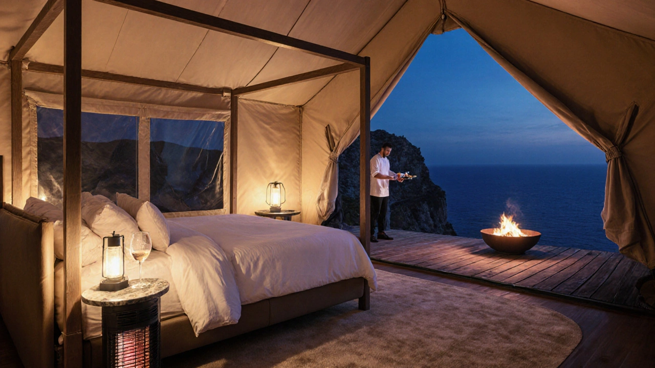 Interior of a luxury glamping tent at dusk with a king‑size bed and ocean view.