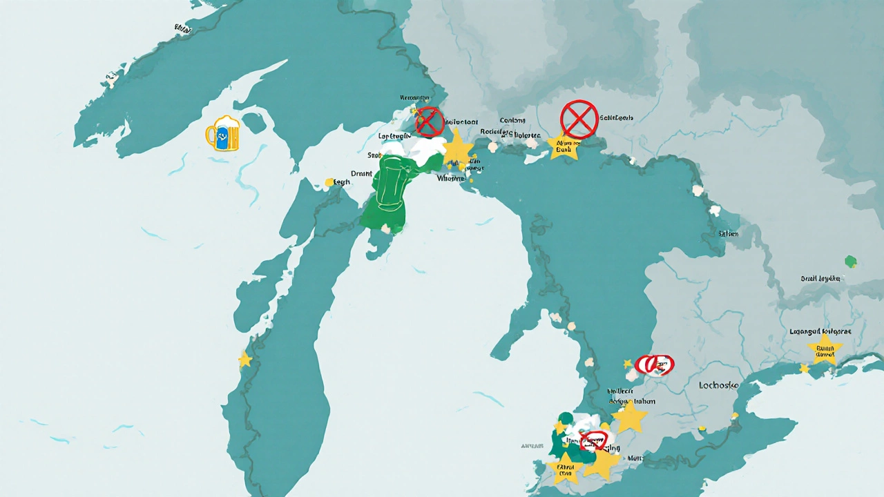Map of Michigan shoreline showing icons for allowed and banned beach drinking.