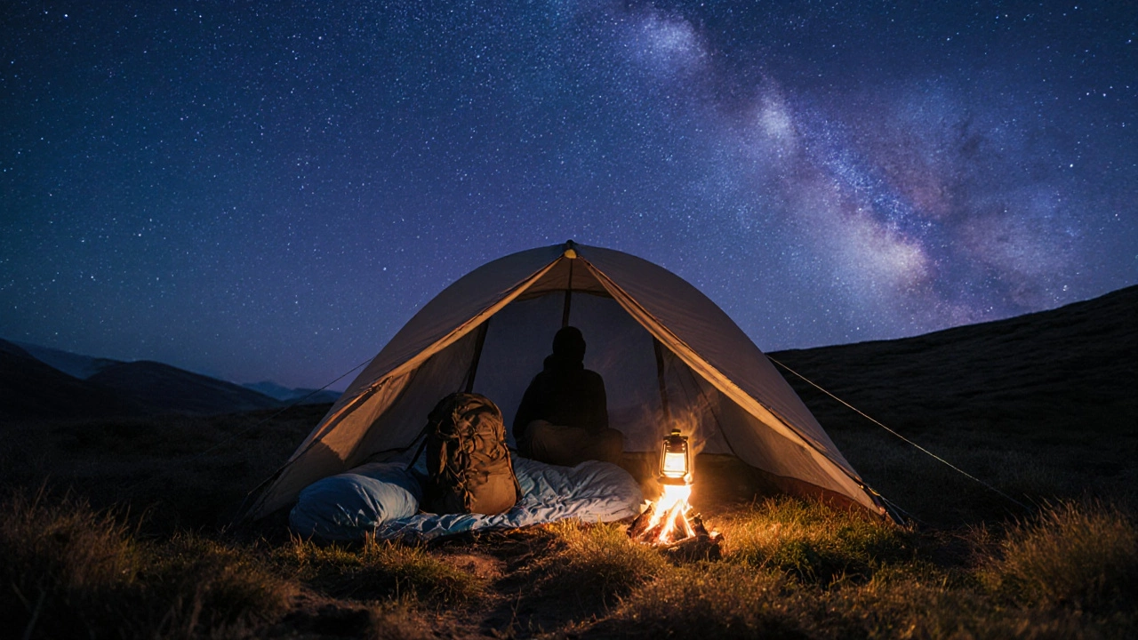 Night campsite with lantern, tarp, sleeping bag and stars above a silhouette.