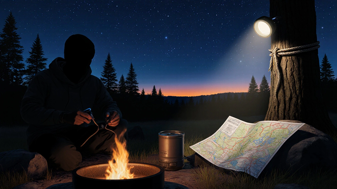 Night scene of camper using stove and securing food, under starry sky in Huron‑Manistee Forest.