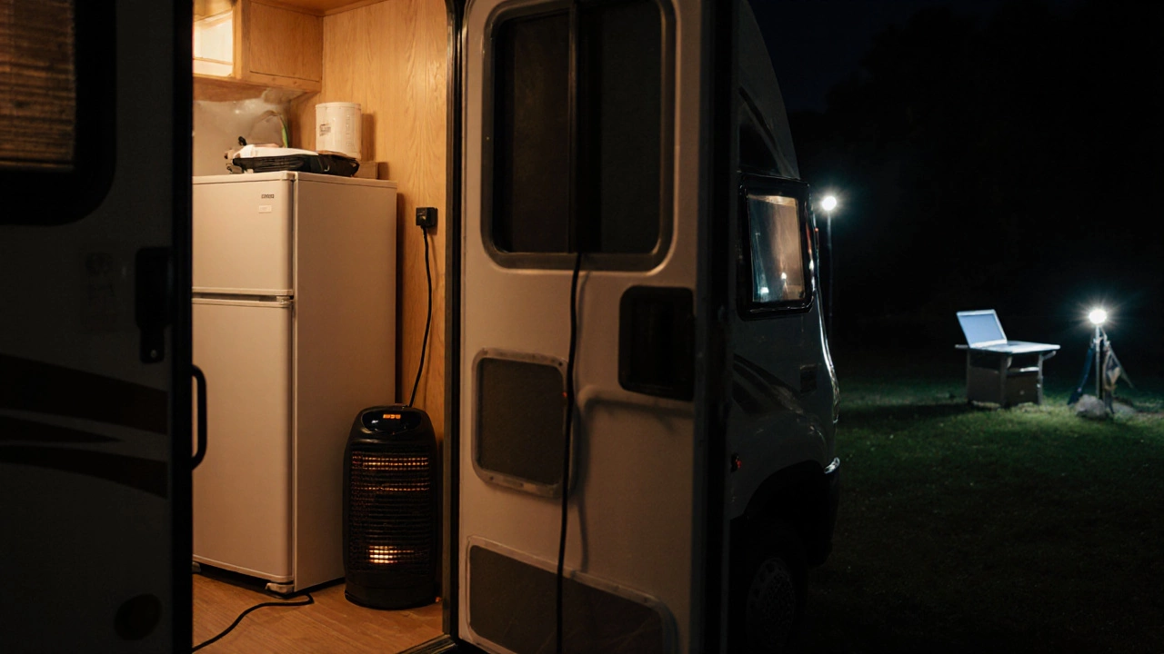 Nighttime RV interior lit by LED lights, showing fridge, heater, and laptop, connected to a shoreline power cable.