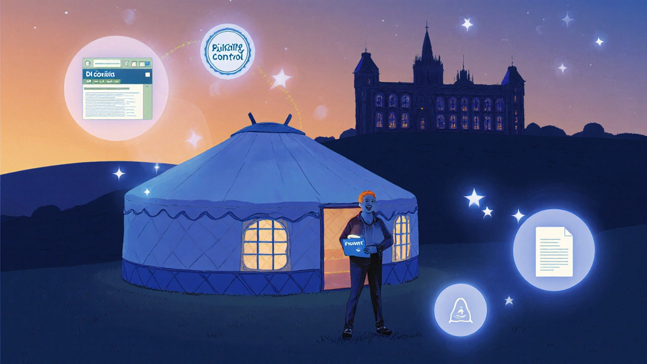 Owner beside yurt at dusk with council building and permit icons.
