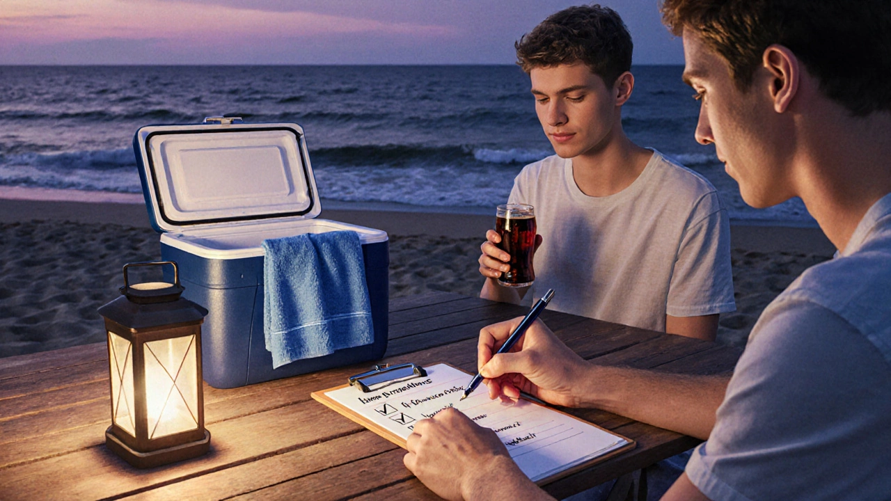 Picnic table at dusk with a checklist, sealed cooler, and people preparing for a beach visit.