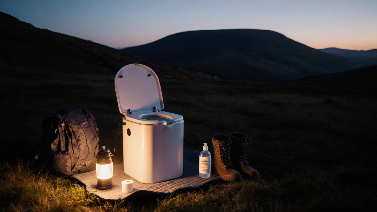 Portable chemical toilet set up at a dusk campsite with gear nearby.