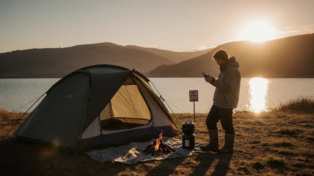 Safe sunrise camp beside a lake with tent, stove, and camper checking a compass.