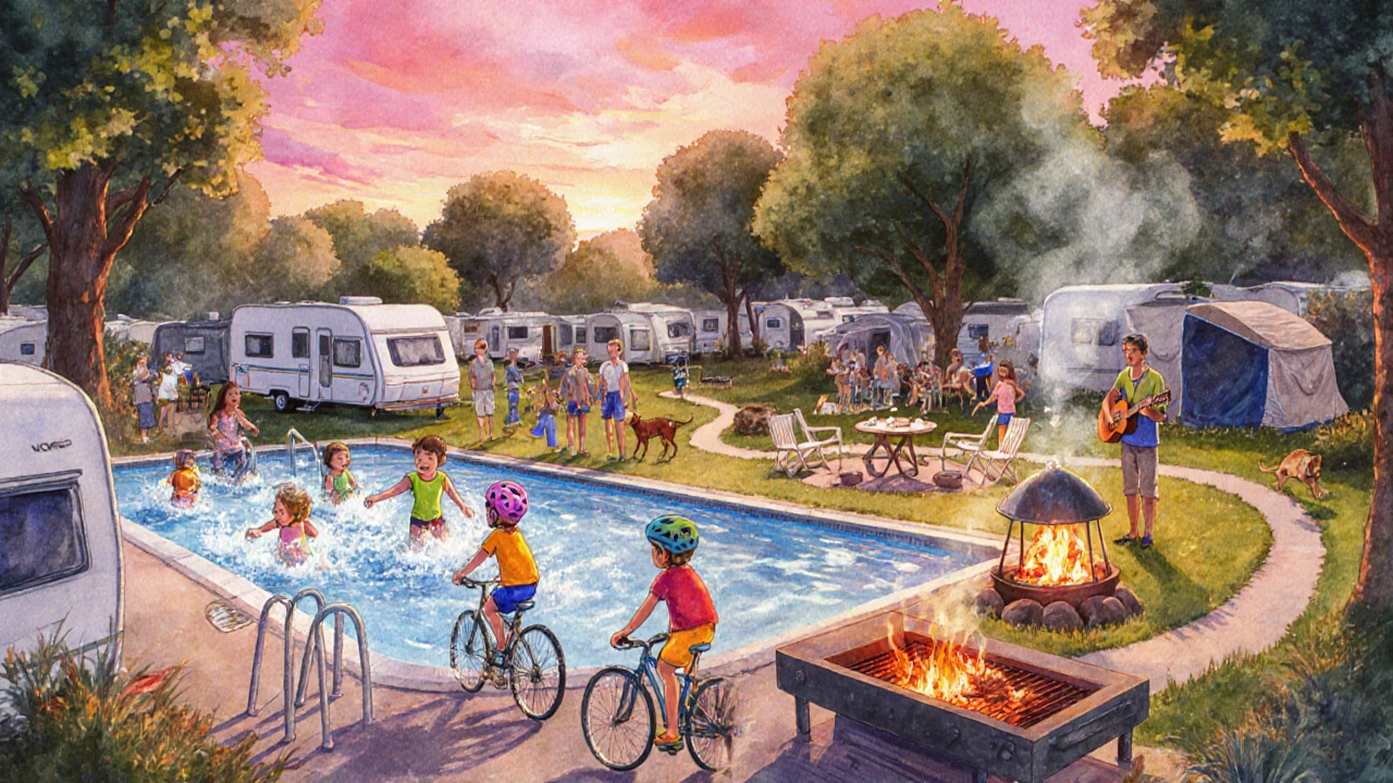 Sunset at caravan park showing pool, BBQ area, cyclists, dog trail and a campfire circle.
