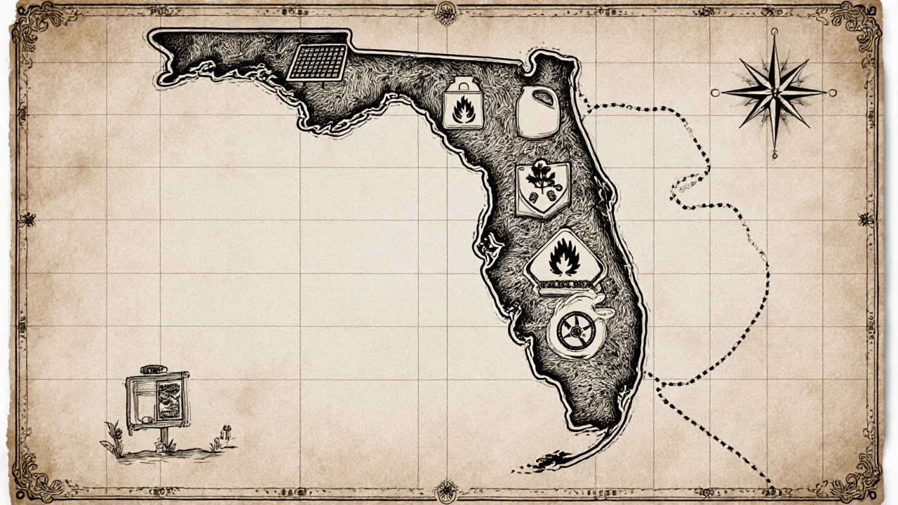 Vintage style collage of a Florida map with boondocking checklist icons and route line.