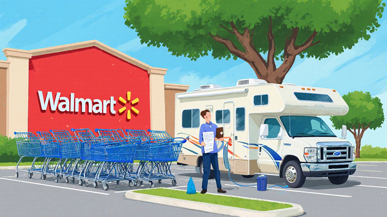 Walmart parking lot in Florida showing an RV parked under a tree with a manager nearby.