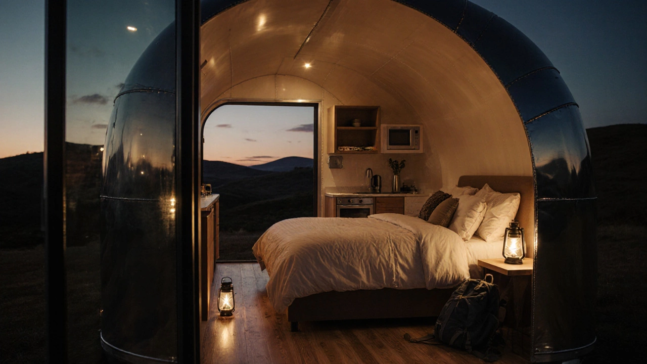 Warm interior of a glamping pod featuring a queen bed, ensuite bathroom, and a window view of hills.