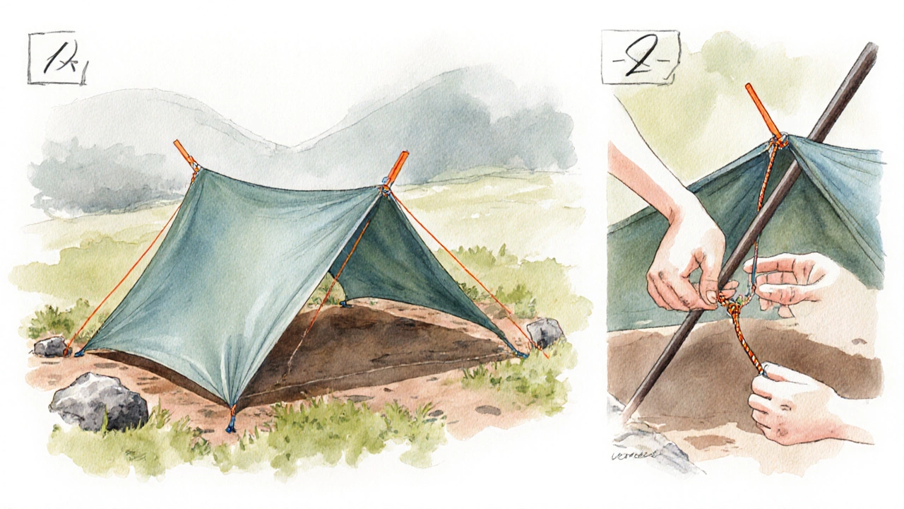 Watercolor panels showing a camper laying, pegging, and rigging a tarp A‑frame.