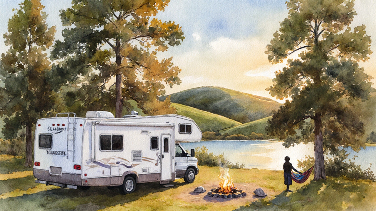 Watercolor scene of a white RV parked beside a lake and pine trees at a Missouri campground.