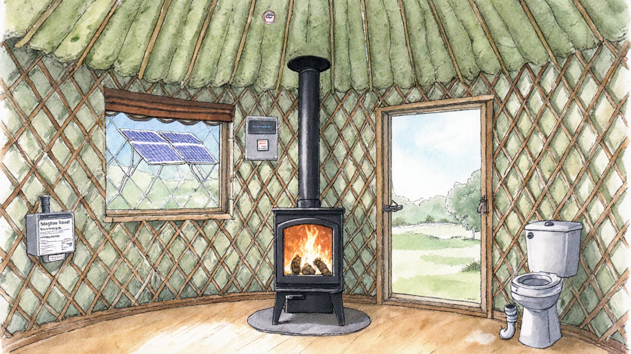Yurt interior showing wood stove, smoke alarm, solar panel, and toilet.