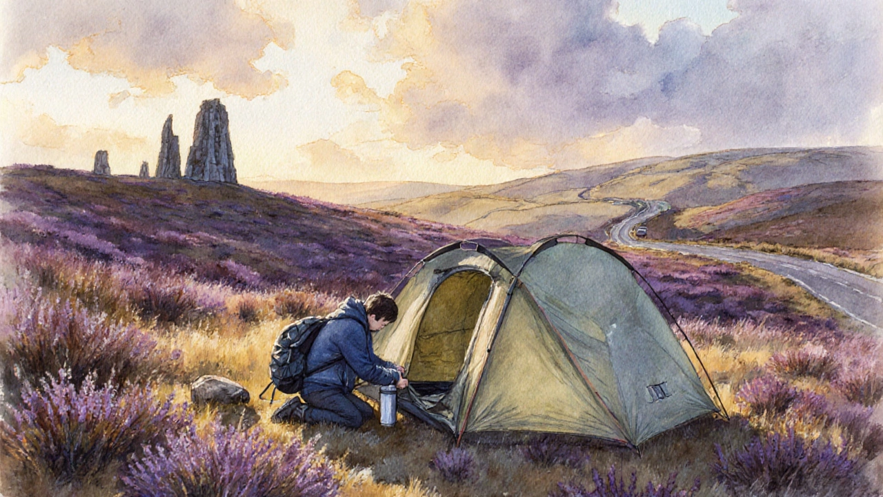 A camper packing a tent at dawn in Dartmoor, ancient tors in the background, quiet and respectful.