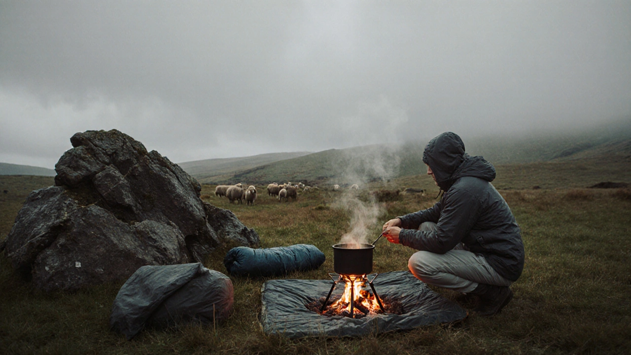 A camper using a stove in Dartmoor, sheltered behind rocks, with no fire and mist rolling over the moor.