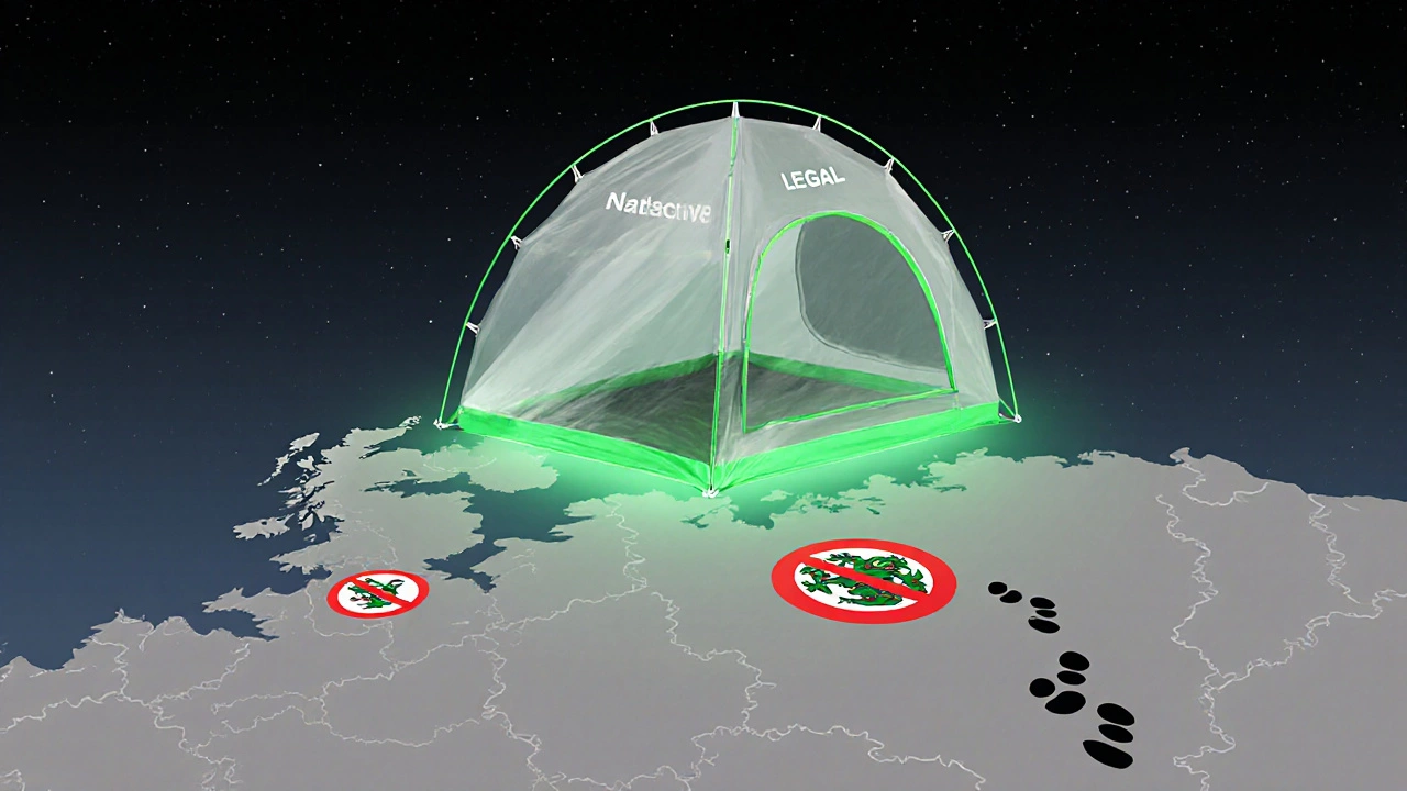 A transparent tent over a UK map showing legal wild camping areas in green, symbolic and abstract.