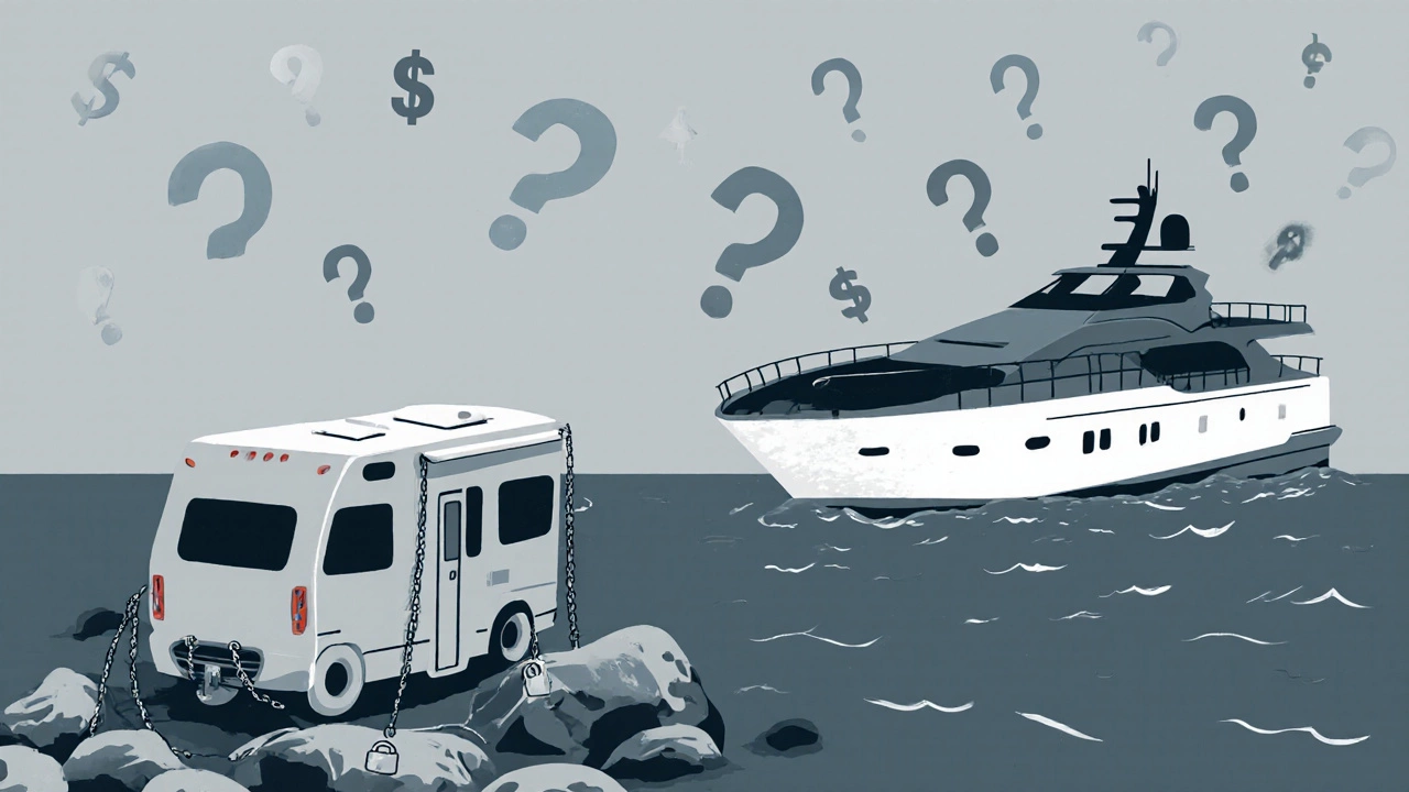 A yacht and RV side by side, both symbols of impractical luxury.