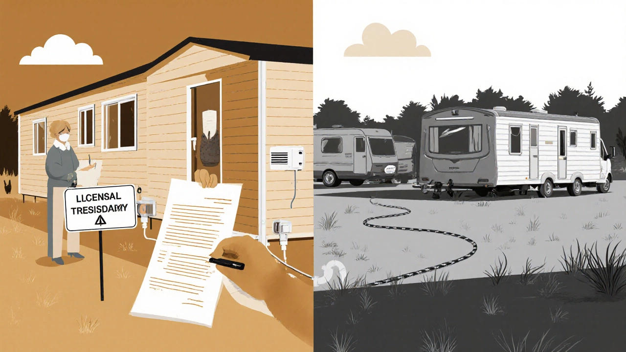 Contrasting image: legal residential caravan with utilities and signage versus unlicensed caravan being towed away.