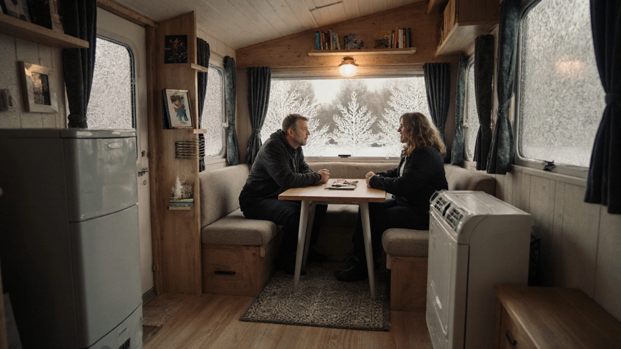 Cozy interior of a well-insulated caravan home during winter, with a couple at the table and a boiler in the corner.