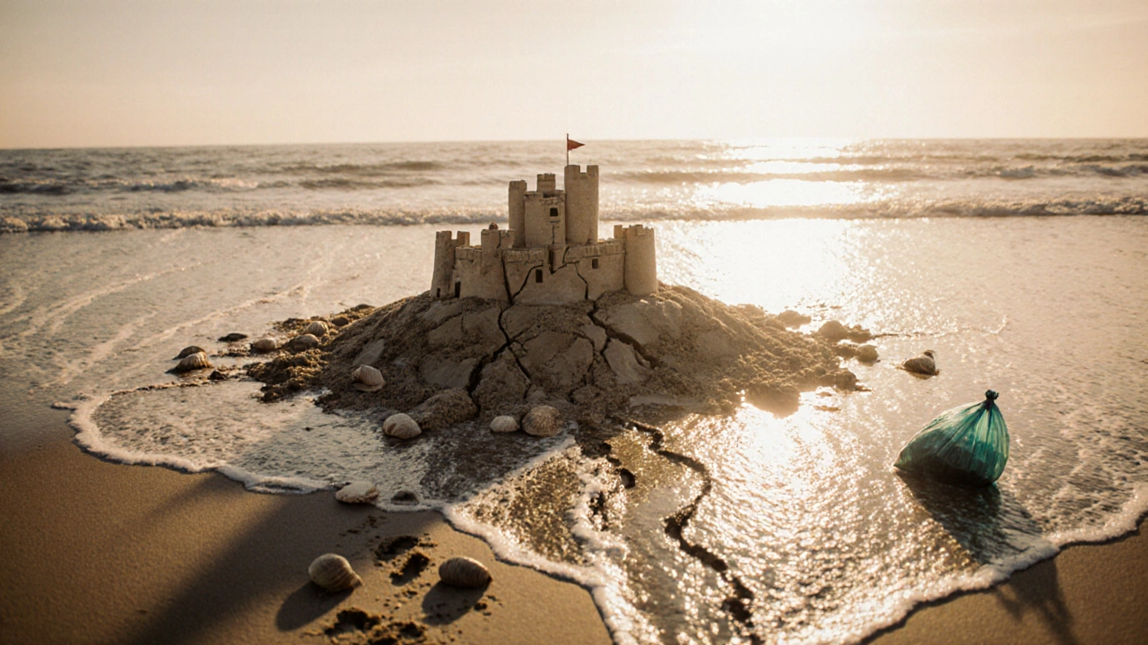 Cracked sandcastle dissolving into ocean tide with footprints and shells fading into the waves.