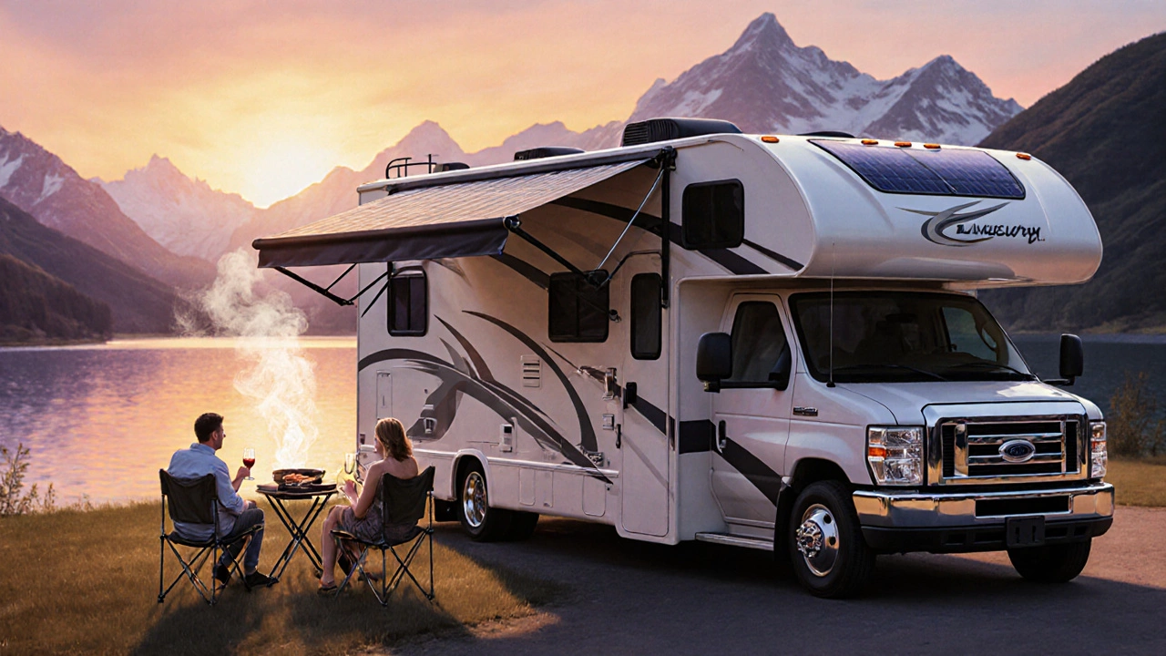 Luxury motorhome parked by a lake at sunset with couple enjoying the view.