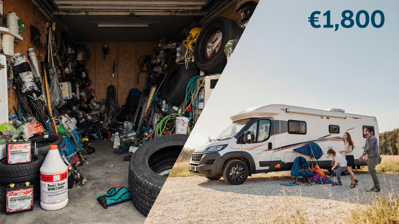 Split image comparing high-cost RV ownership versus affordable rental.