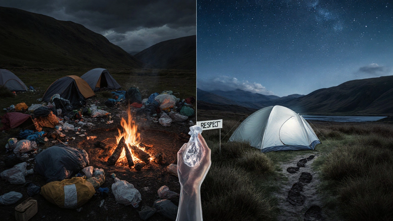 Split scene: left shows a messy, fire-damaged campsite; right shows a clean, quiet camp under stars, symbolizing responsible wild camping.