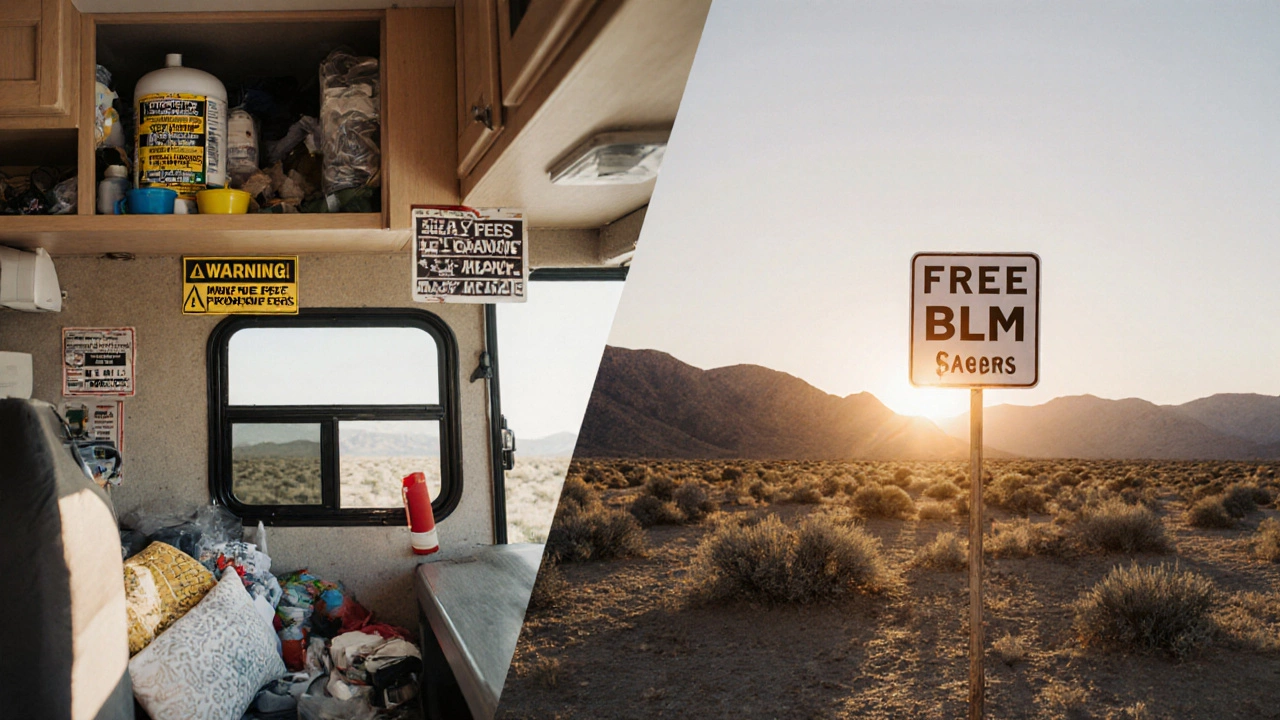 Split-screen: RV fees on left, free campsite sunrise on right.