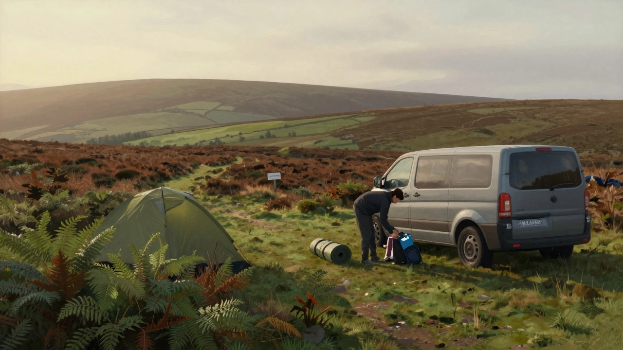 A camper packing up at sunrise on Dartmoor, no tent or fire, only a tarp and van.
