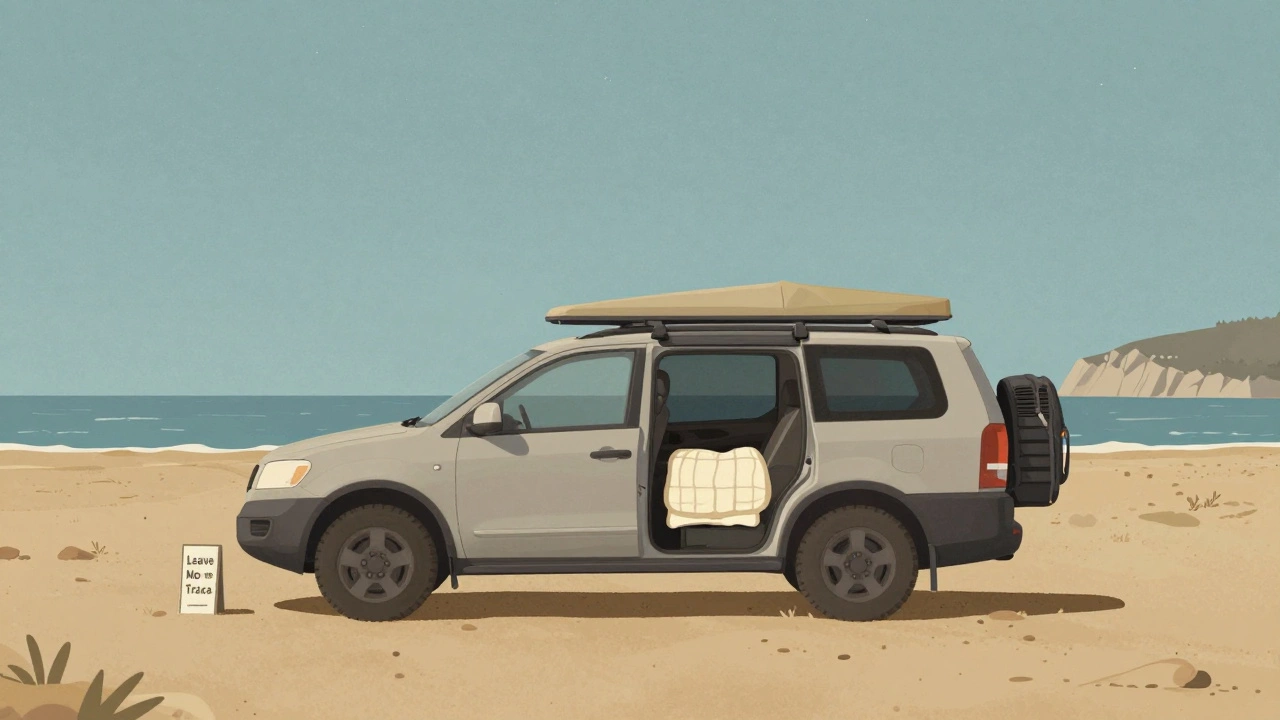 A car parked legally on coastal BLM land with outdoor gear neatly arranged and a &#039;Leave No Trace&#039; sign.