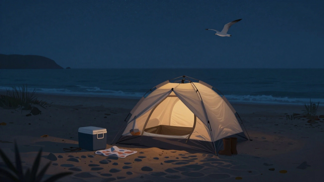 A cozy beach tent glowing softly at night, surrounded by gear under a starry sky.
