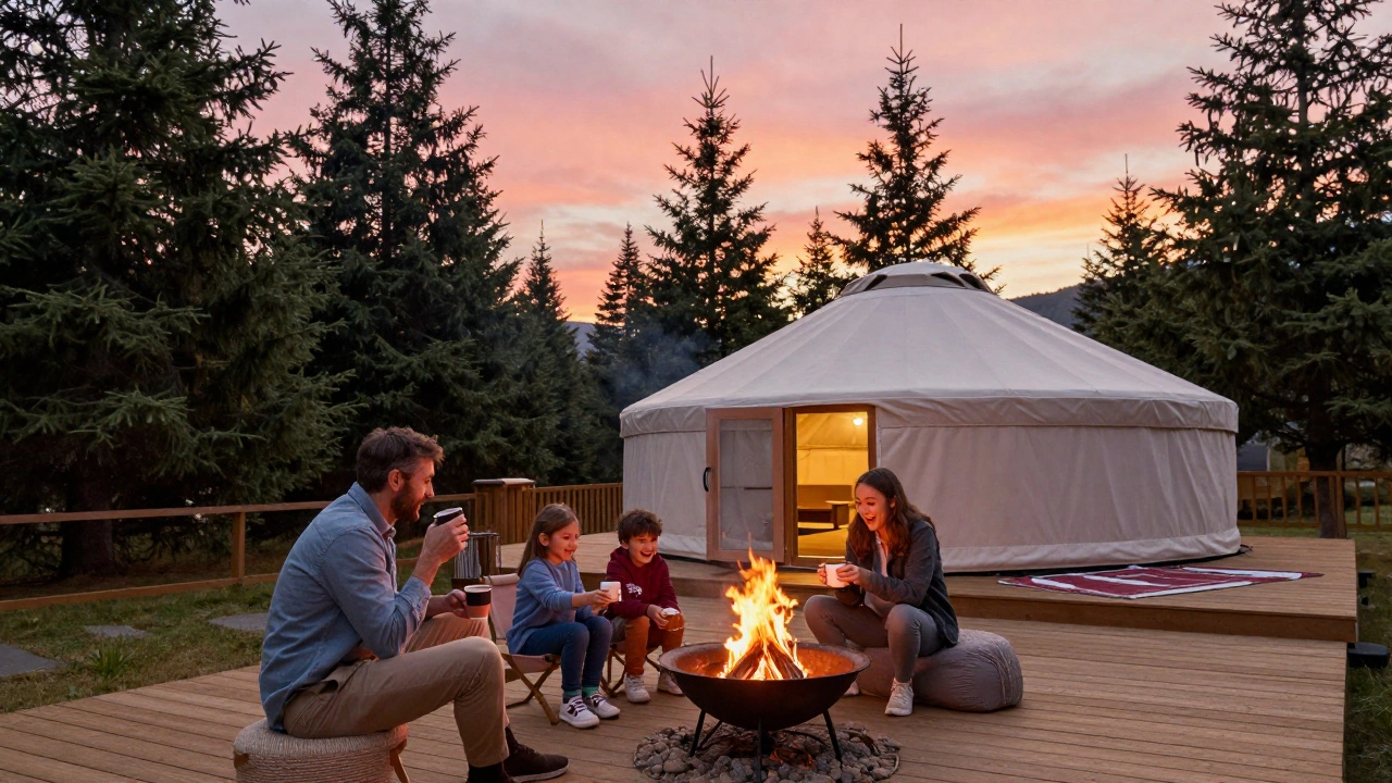 A family enjoying coffee and s&#039;mores by a firepit at dawn in a pristine glamping yurt surrounded by trees.